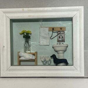 Miniature Bathroom Shadow Box Display with Dachshund Figurine and Vintage Decor